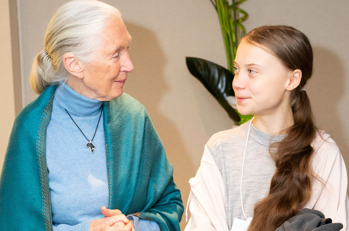 Climate activist Greta Thunberg meets Jane Goodall, founder, Jane Goodall Institute, at the World Economic Forum Annual Meeting. Photo by World Economic Forum with CC BY-NC-SA 2.0.