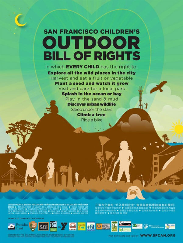 San Fransisco COBOR Bill of Rights, In which every child has the right to: 1. Explore all the wild places in the city. 2. Harvest and eat a fruit or vegetable. 3. Plant a seed and watch it grow. 4. Visit and care for a local park. 5. Splash in the ocean or bay. 6. Play in the sand & mud. 7. Discover urban wildlife. 8. Sleep under the stars. 9. Climb a tree. 10. Ride a bike.
